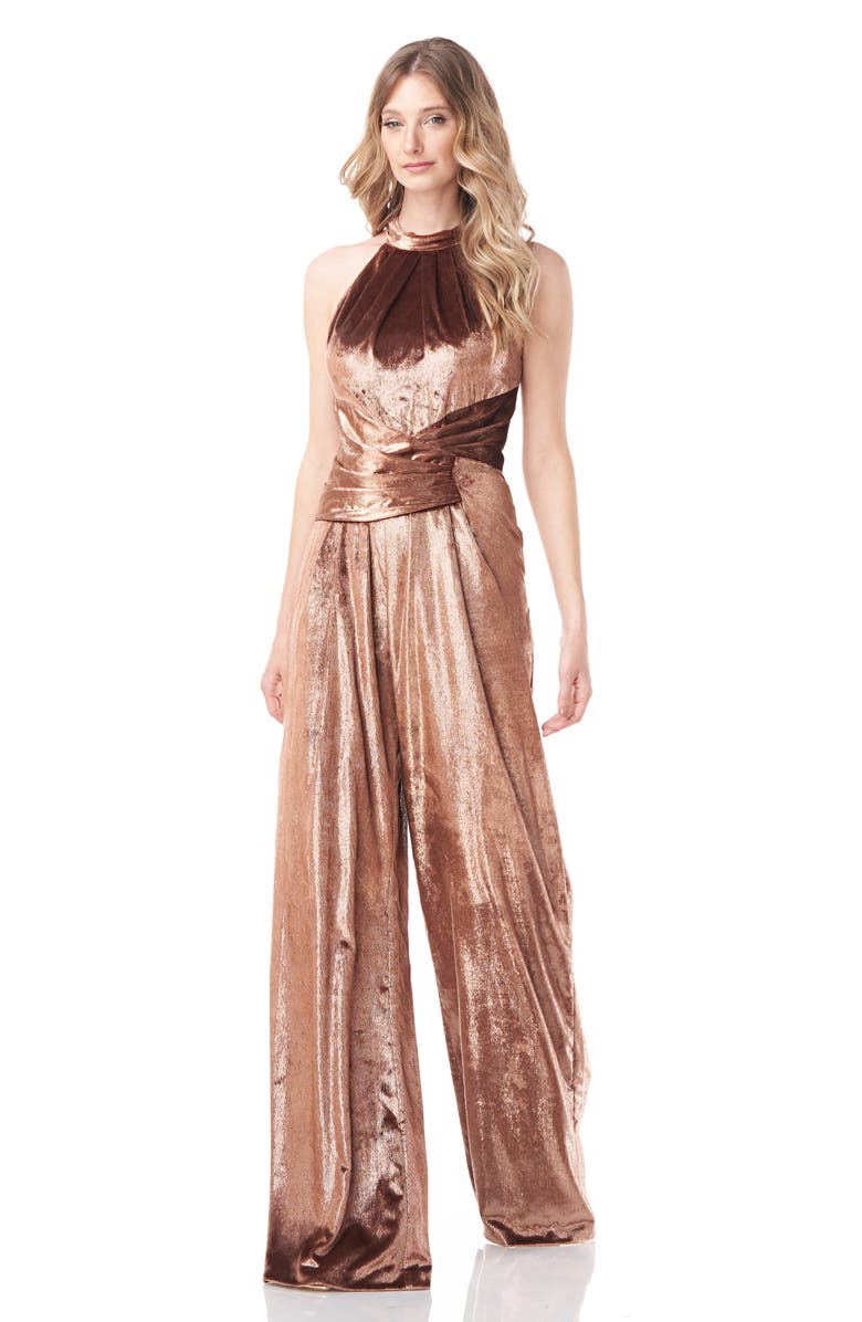 Kay Unger Isadora Halter Neck Crushed Velvet Jumpsuit, Alternate, color,