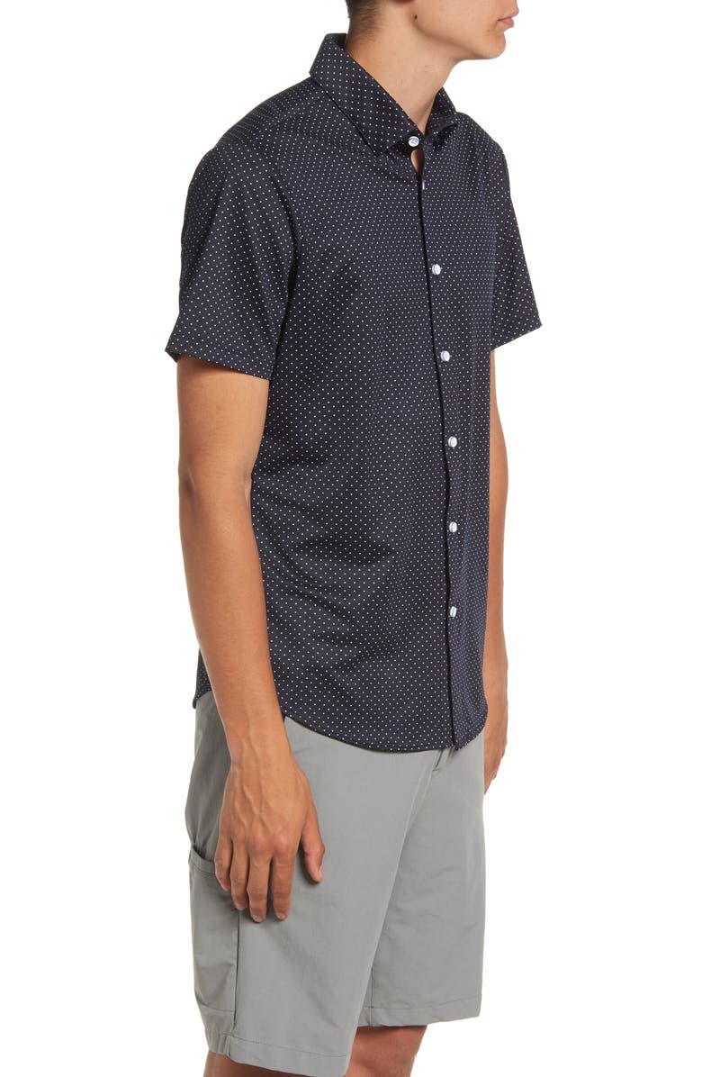 Mizzen+Main Men
s Halyard Trim Fit Dot Print Short Sleeve Performance Button-Up Shirt, Alternate, color, Navy Dot Print