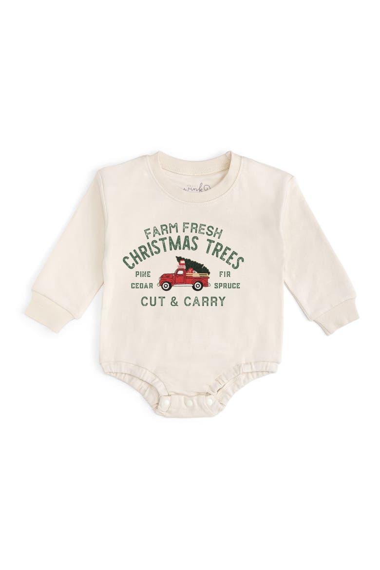 Farm Fresh Christmas Tree Patch Long Sleeve Romper, Main, color, Natural