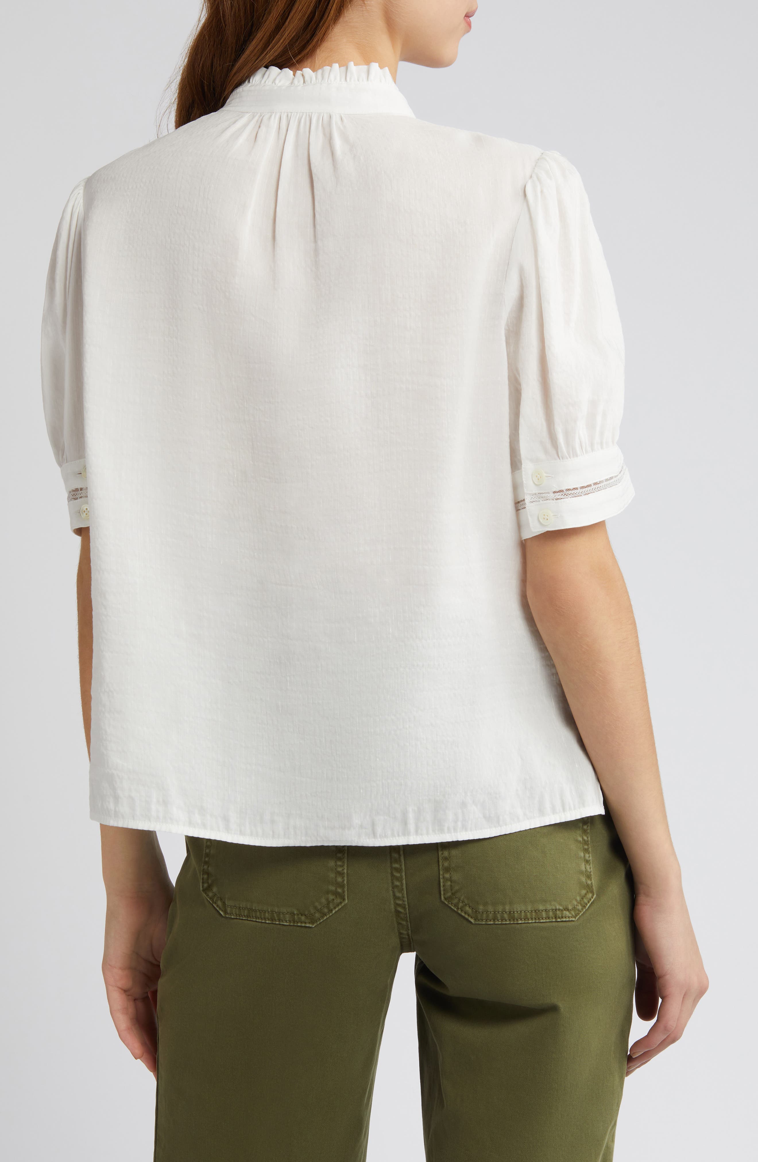 Lace Trim Puff Sleeve Linen Blend Top - image 2