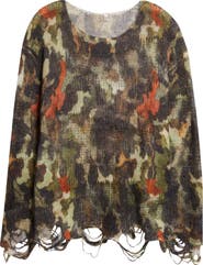 R13 Distressed Camouflage Merino Wool Boyfriend Sweater