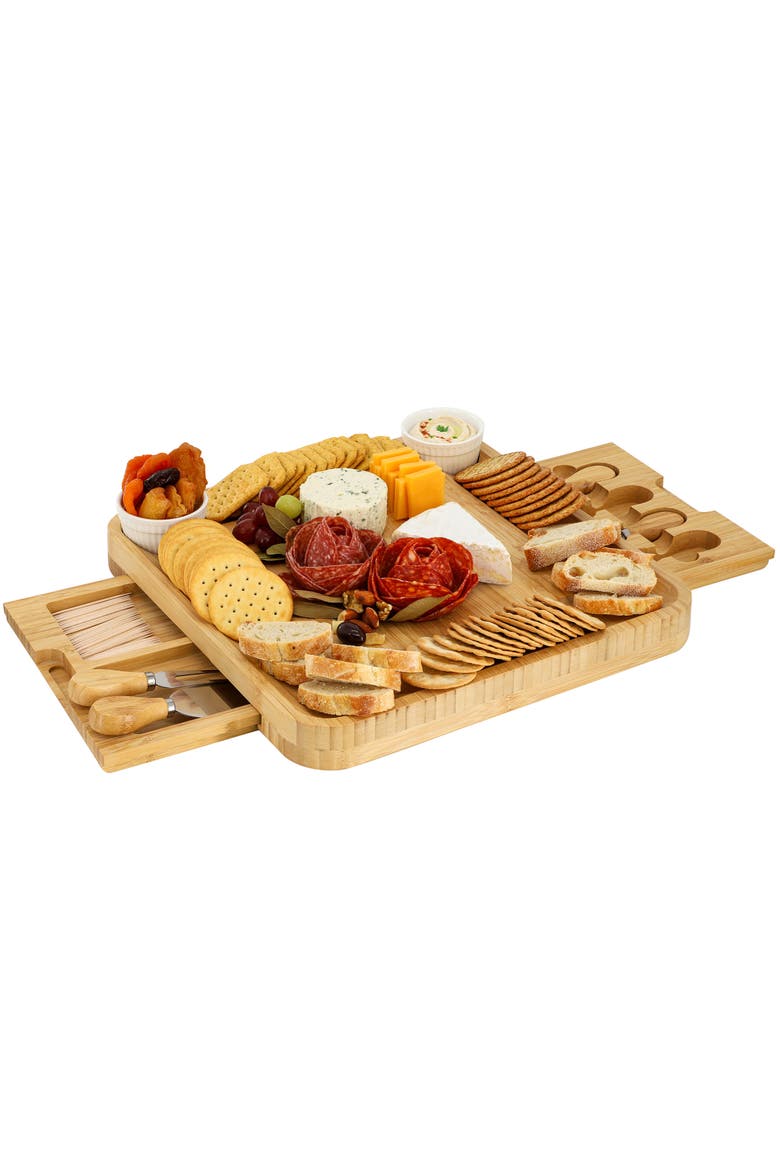 Wood Charcuterie Cheese Board Set with Ramekins and Slide Out Cutlery Drawer, Main, color, Bamboo