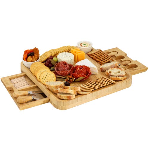 Megachef Wood Charcuterie Cheese Board Set With Ramekins And Slide Out Cutlery Drawer In Brown