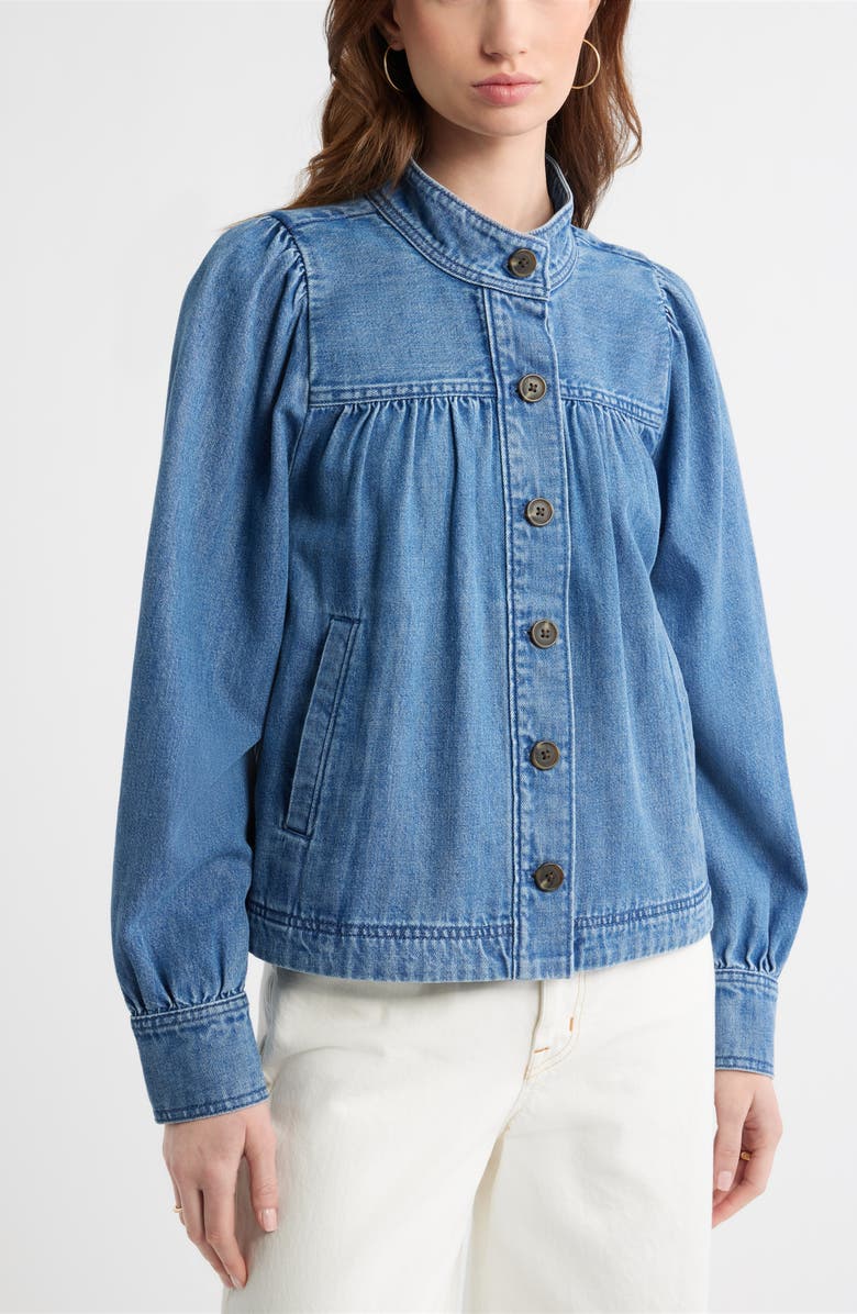 Treasure & Bond Gathered High Neck Denim Jacket, Main, color, Medium Wash