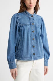Treasure & Bond Gathered High Neck Denim Jacket