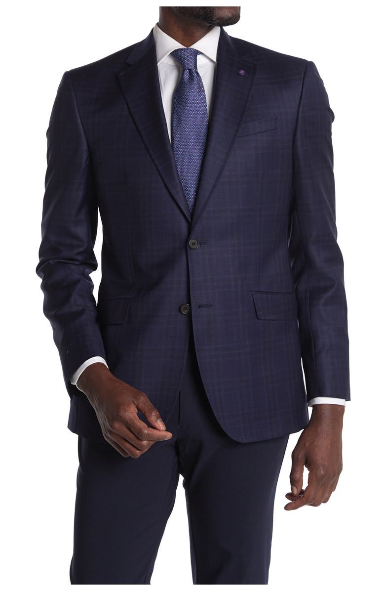 Ted Baker London Jarrett Navy Plaid Two-Button Notch Lapel Slim Fit Wool Sport Coat, Main, color, 