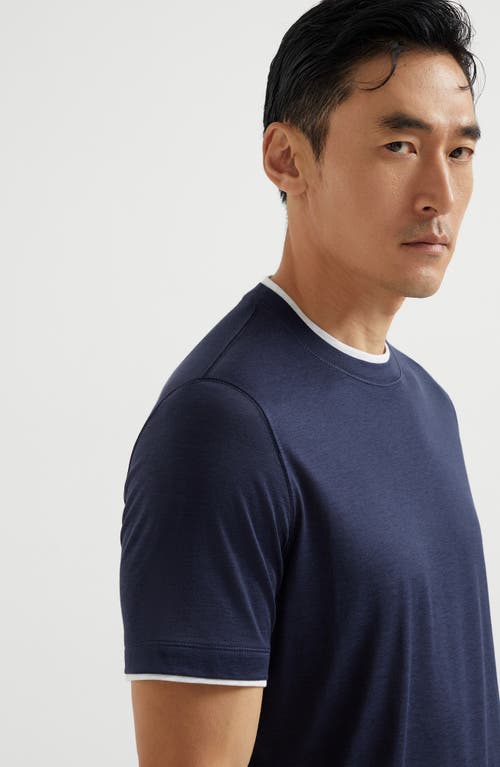 Brunello Cucinelli Men Silk And Cotton Jersey Crew-neck T-shirt With Faux-layering In Cobalt