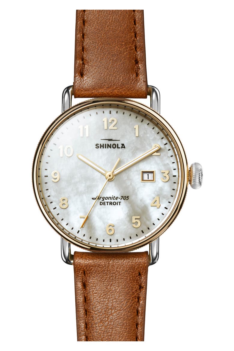 Canfield Leather Strap Watch, 38mm, Main, color, WHITE MOTHER OF PEARL