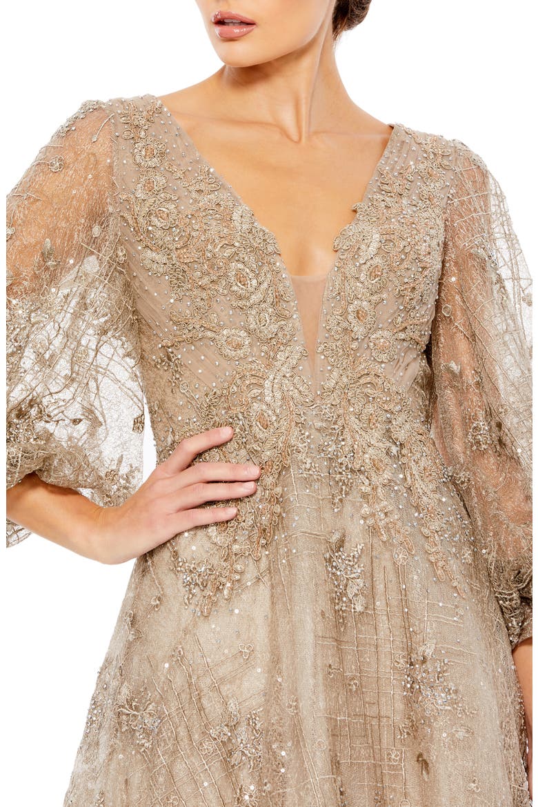 Embellished Plunge Neck Puff Sleeve A Line Gown, Alternate, color, MOCHA