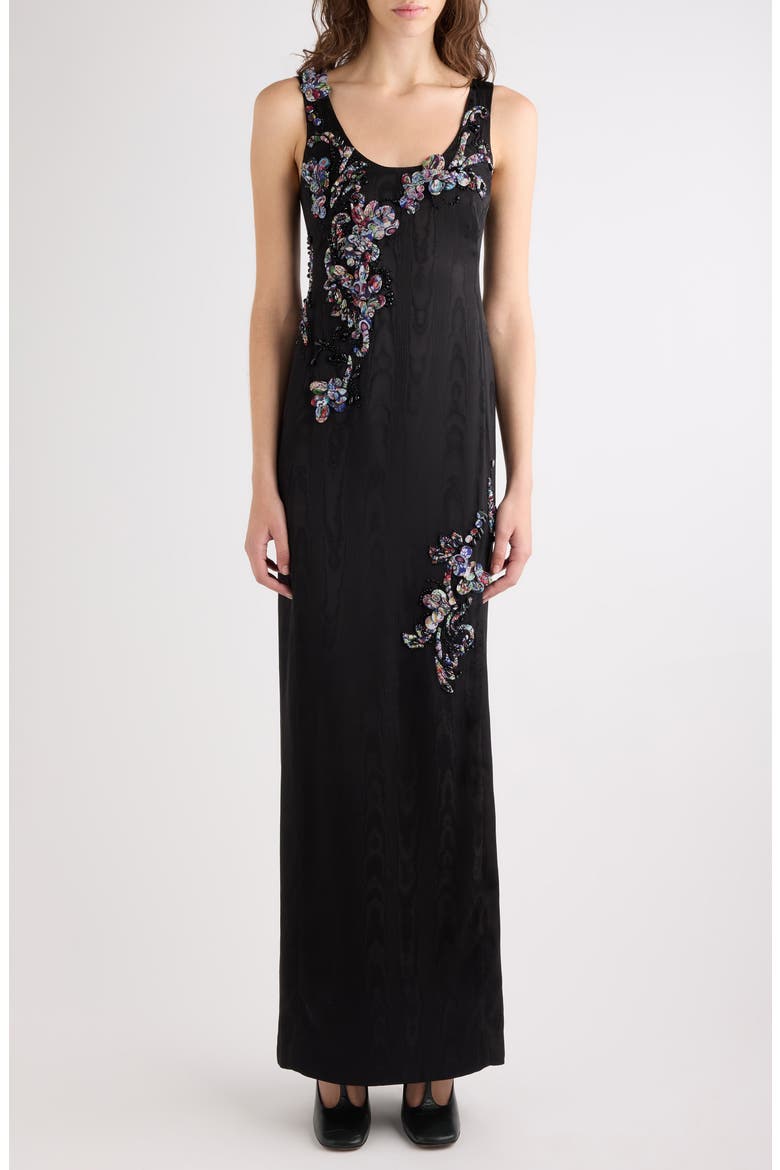 Debant Bead Embellished Moiré Column Dress, Main, color, BLACK