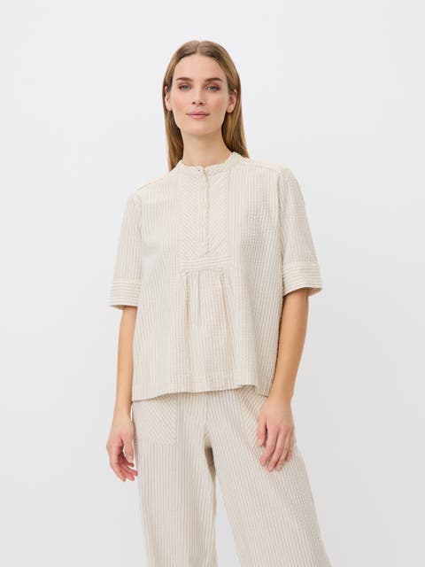 MaBeyora Mandarin Collar Textured Blouse
