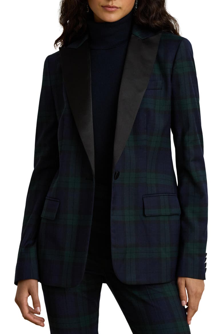 Satin Trim Plaid Blazer, Main, color, BLUE/ MULTI