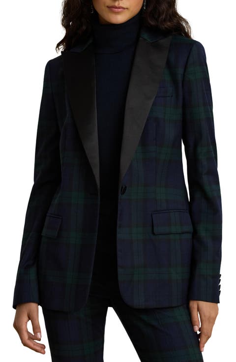 Satin Trim Plaid Blazer