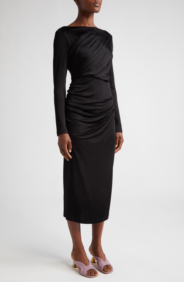 Dries Van Noten Hunewa Long Sleeve Draped Satin Midi Dress, Alternate, color, 