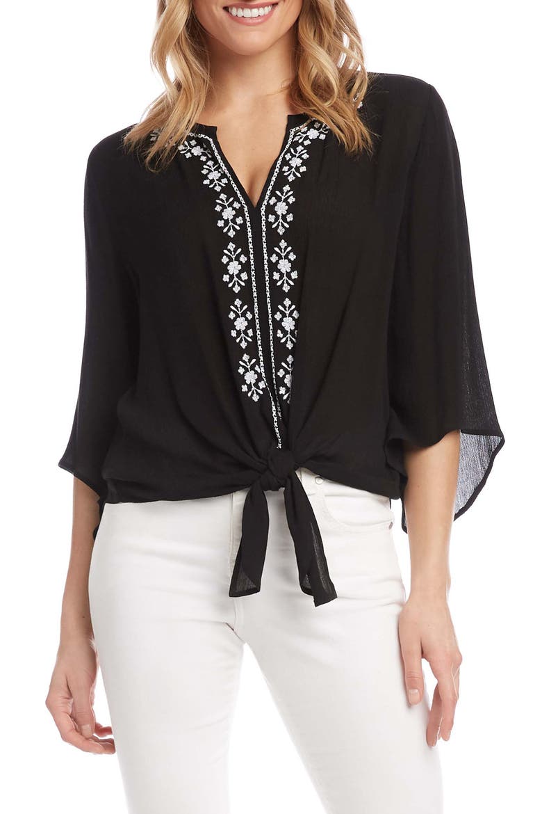 Embroidered Tie Front Top, Main, color, BLACK