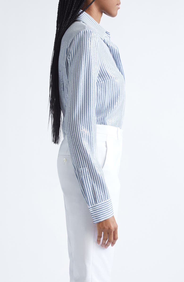 Michael Kors Collection Hansen Sequin Embellished Stripe Silk Button-Up Shirt, Alternate, color, Steel/ Optic White