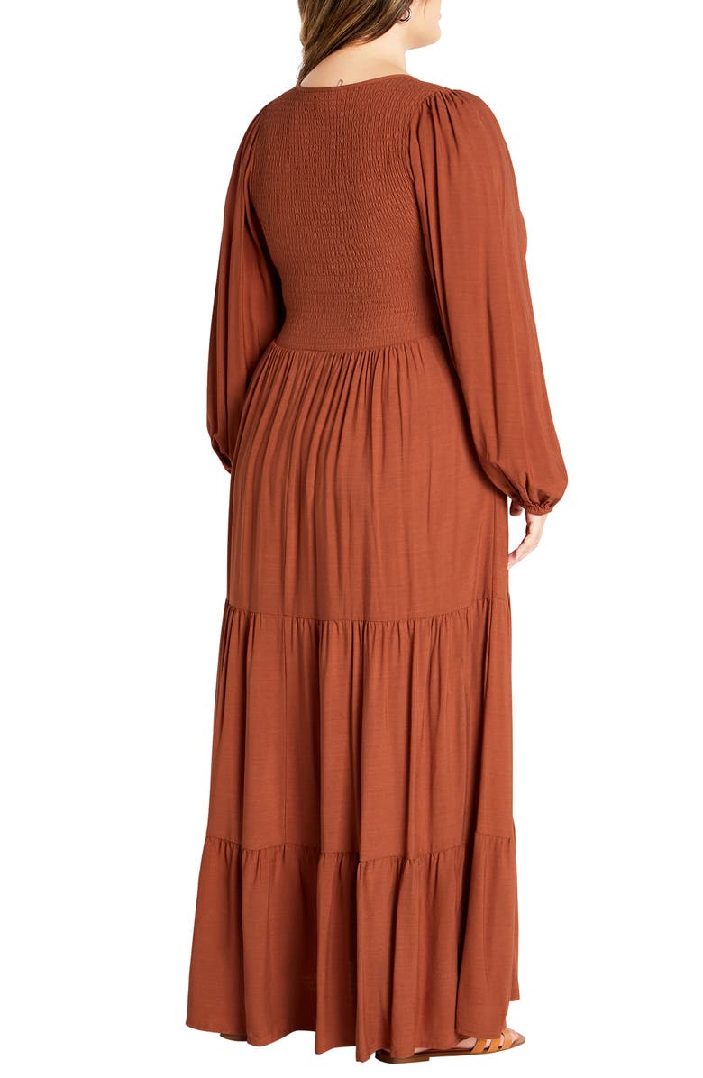 City Chic Jayden Smocked Bodice Long Sleeve Maxi Dress, Alternate, color, Masala