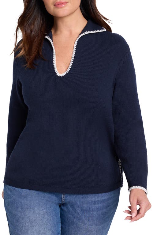 Nic + Zoe Nic+zoe Blanket Stitch Getaway Sweater In Dark Indigo