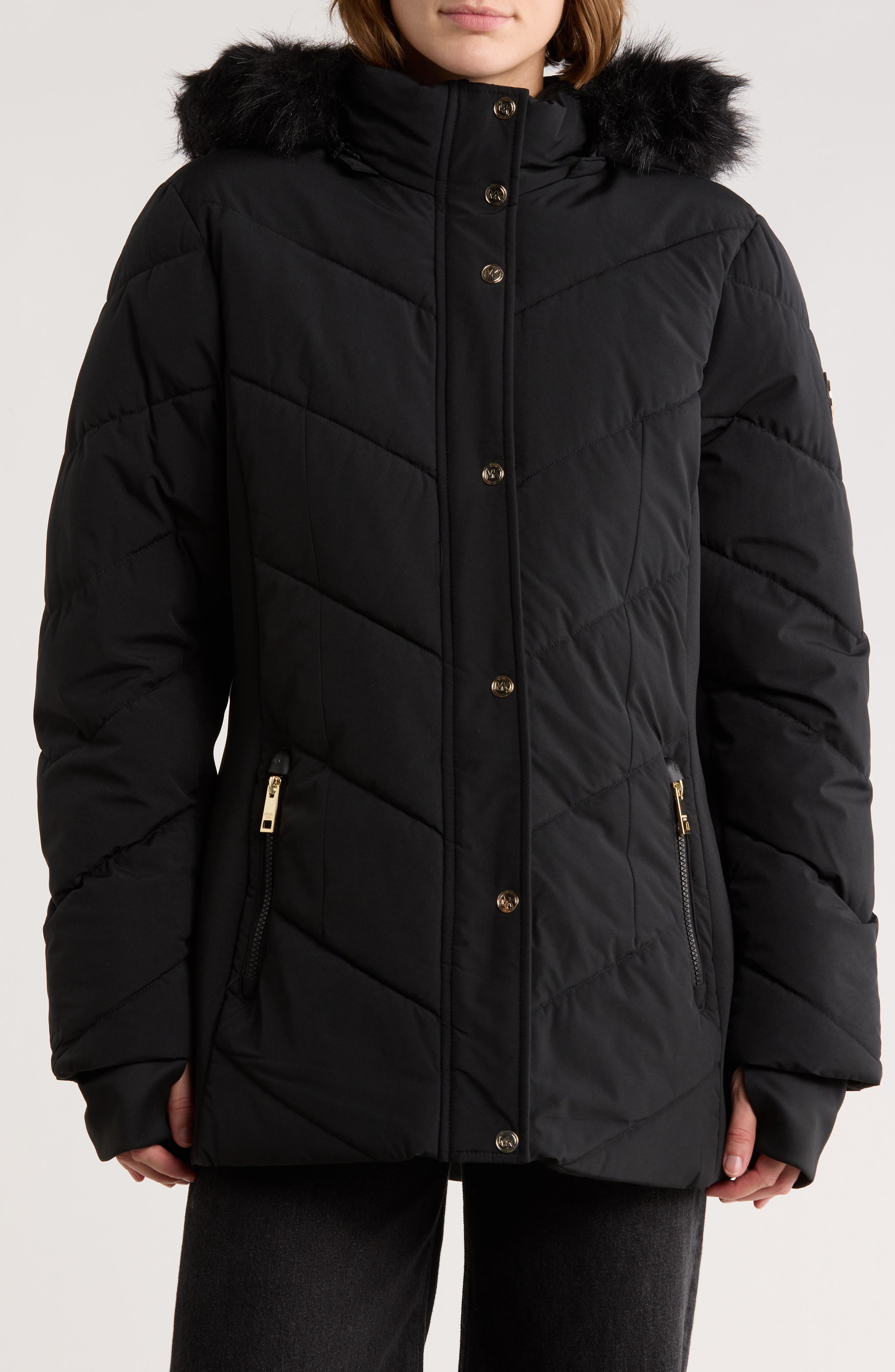 Michael Kors Faux Fur Trim Hooded Quilted Jacket