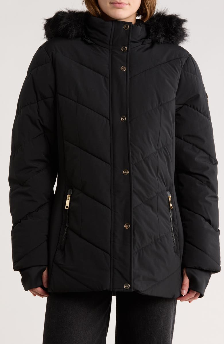 Michael Kors Faux Fur Trim Hooded Quilted Jacket, Main, color, Black