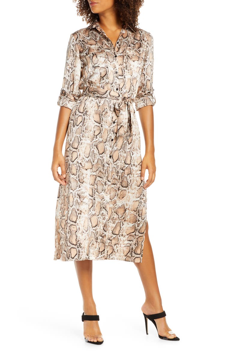 BB Dakota Python Print Long Sleeve Shirtdress, Main, color, SAND