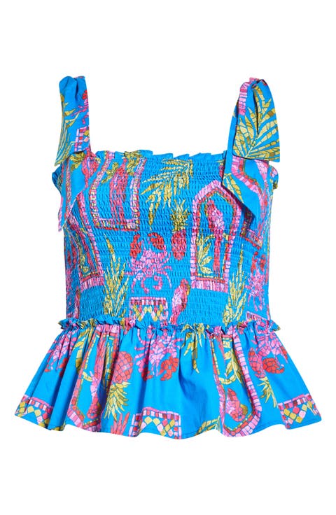Bally Tropical Print Smocked Sleeveless Top (Plus)