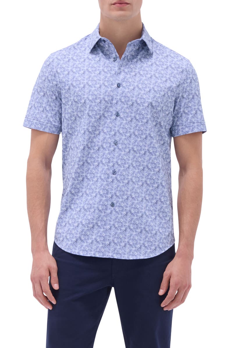 Bugatchi Myron OoohCotton<sup>®</sup> Short Sleeve Floral Button-Up Shirt, Main, color, Steel