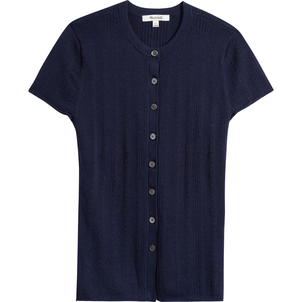 Madewell Short Sleeve Pointelle Cotton Blend Cardigan In Blue