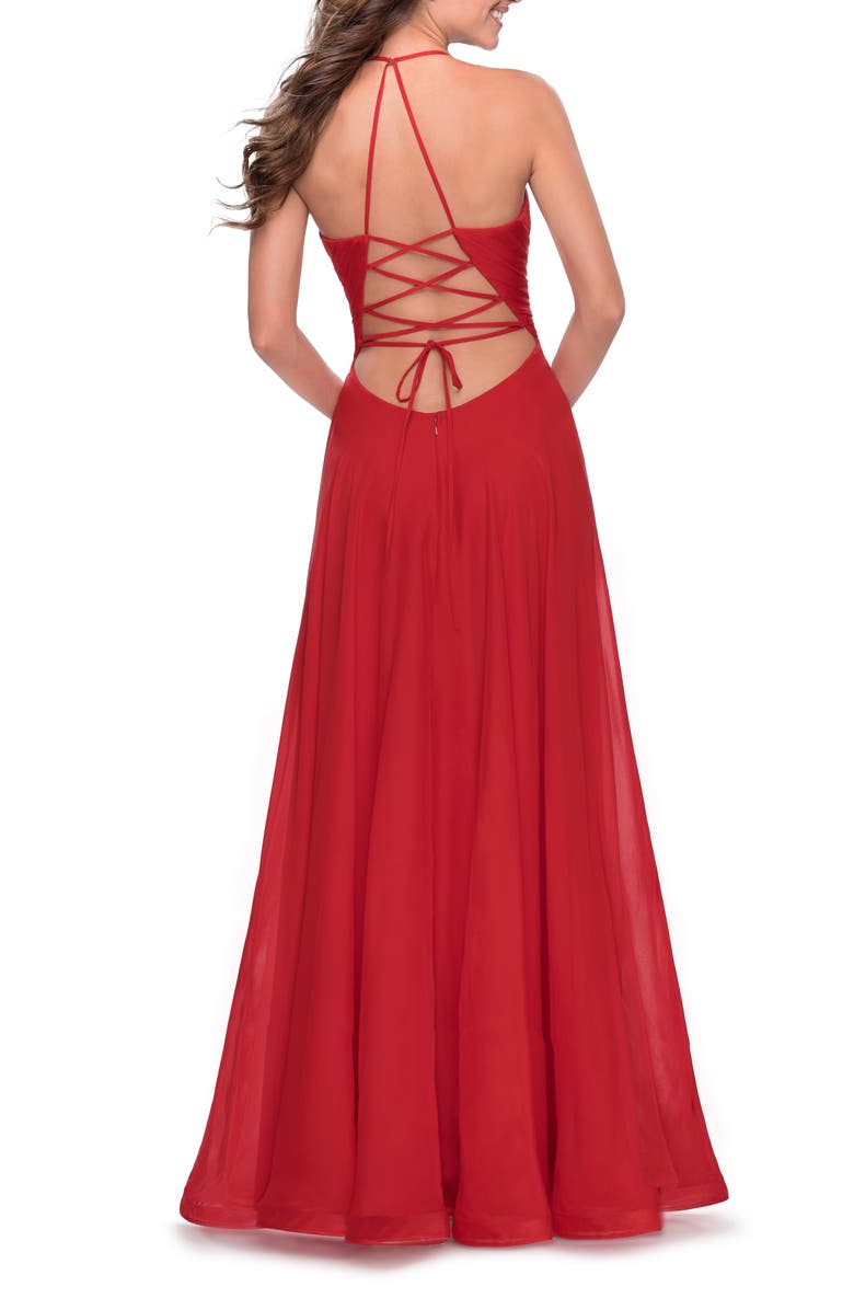 La Femme Long Chiffon Prom Dress with Unique Lace Up Back, Alternate, color, Red
