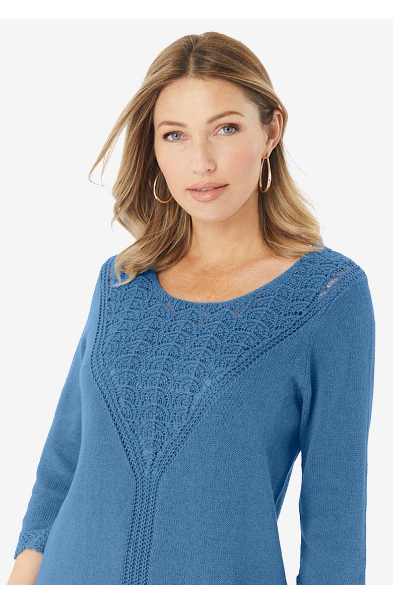 Roaman's Lace Knit Pullover Sweater, Alternate, color, Rich Brown