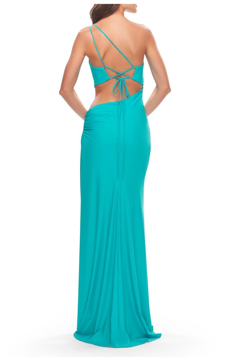 La Femme One Shoulder Dress with Side Cut Out and Unique Back in Bright Colors, Alternate, color, Aqua