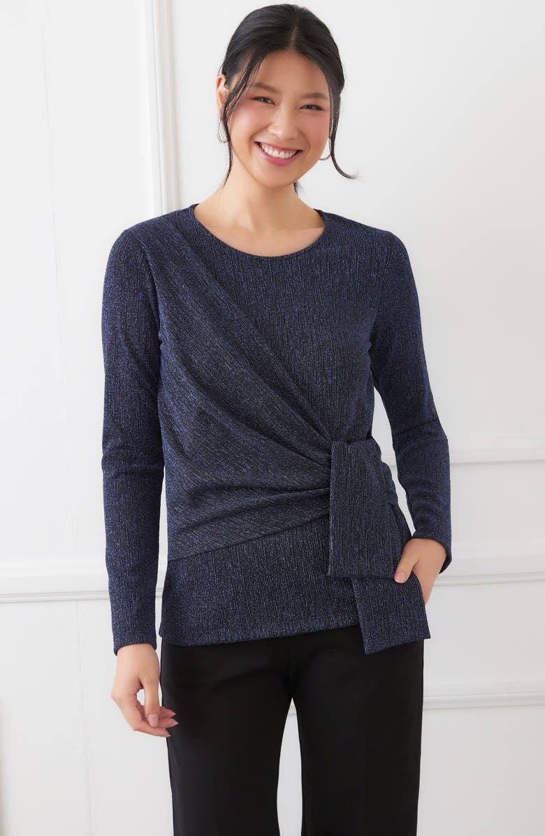 Karen Kane Metallic Knit Side Drape Long Sleeve Top, Alternate, color, Navy
