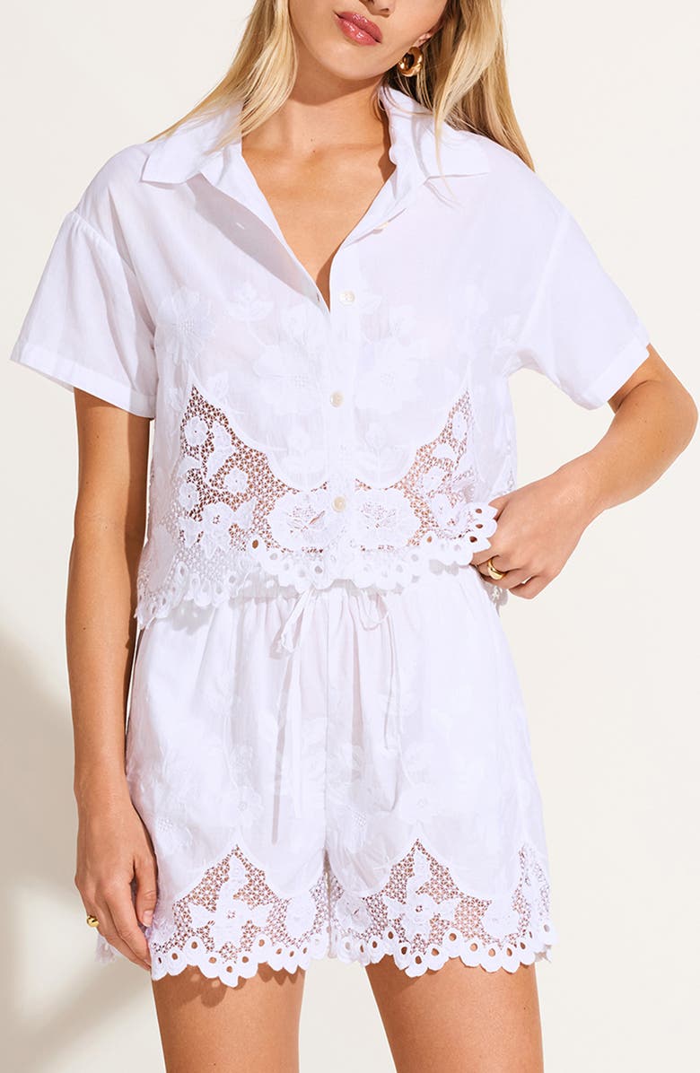 Vitamin A<sup>®</sup> Floral Broderie Crop Cover-Up Shirt, Main, color, White