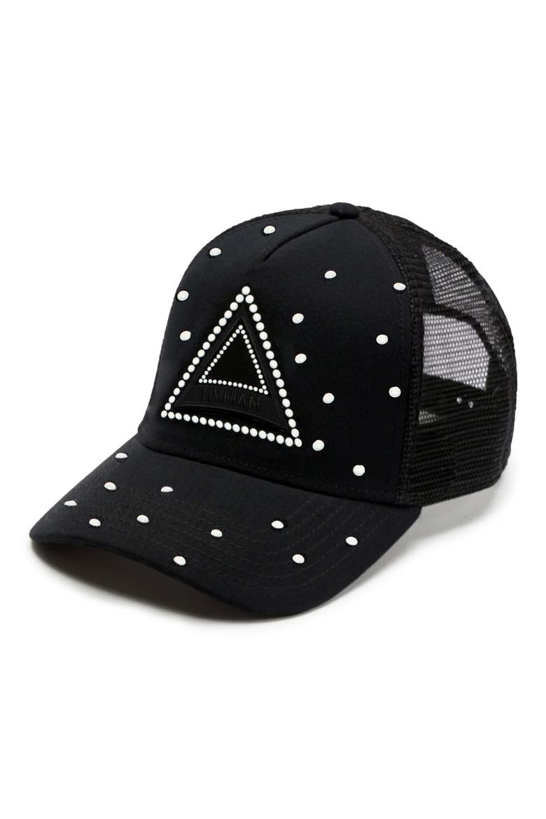 Triangle Logo Snapback Trucker Hat, Main, color, BLACK