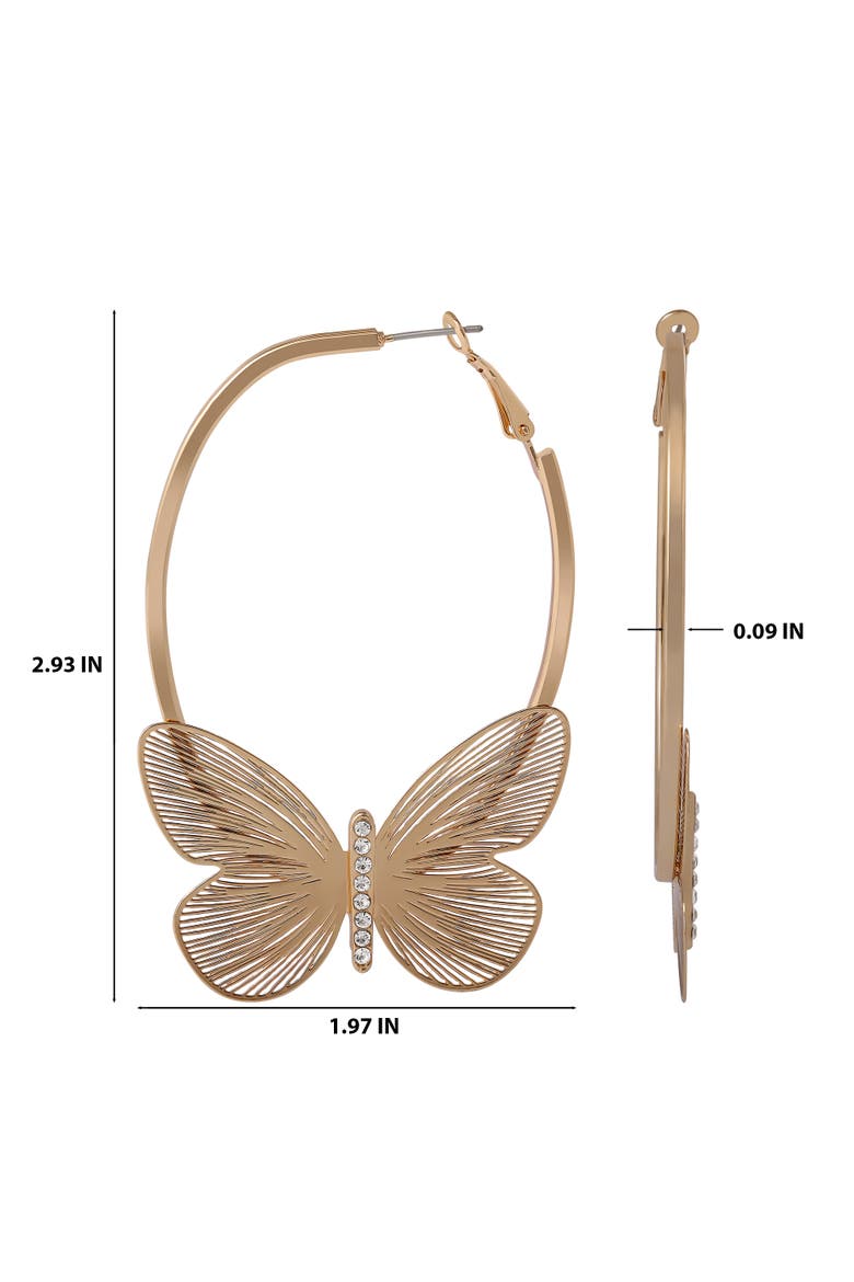 Butterfly Hoop Earrings with Clear Crystal, Alternate, color, Gold