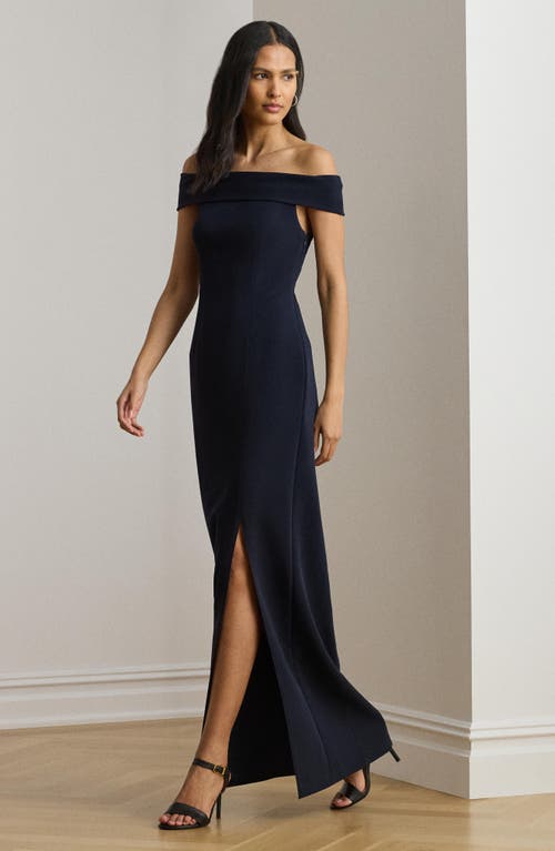 Ralph Lauren Crepe Off-the-shoulder Gown In Blue