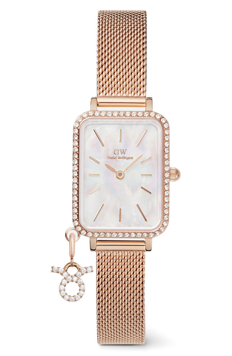 Daniel Wellington Quadro Charm Mesh Strap Watch,, Main, color, Rose Gold