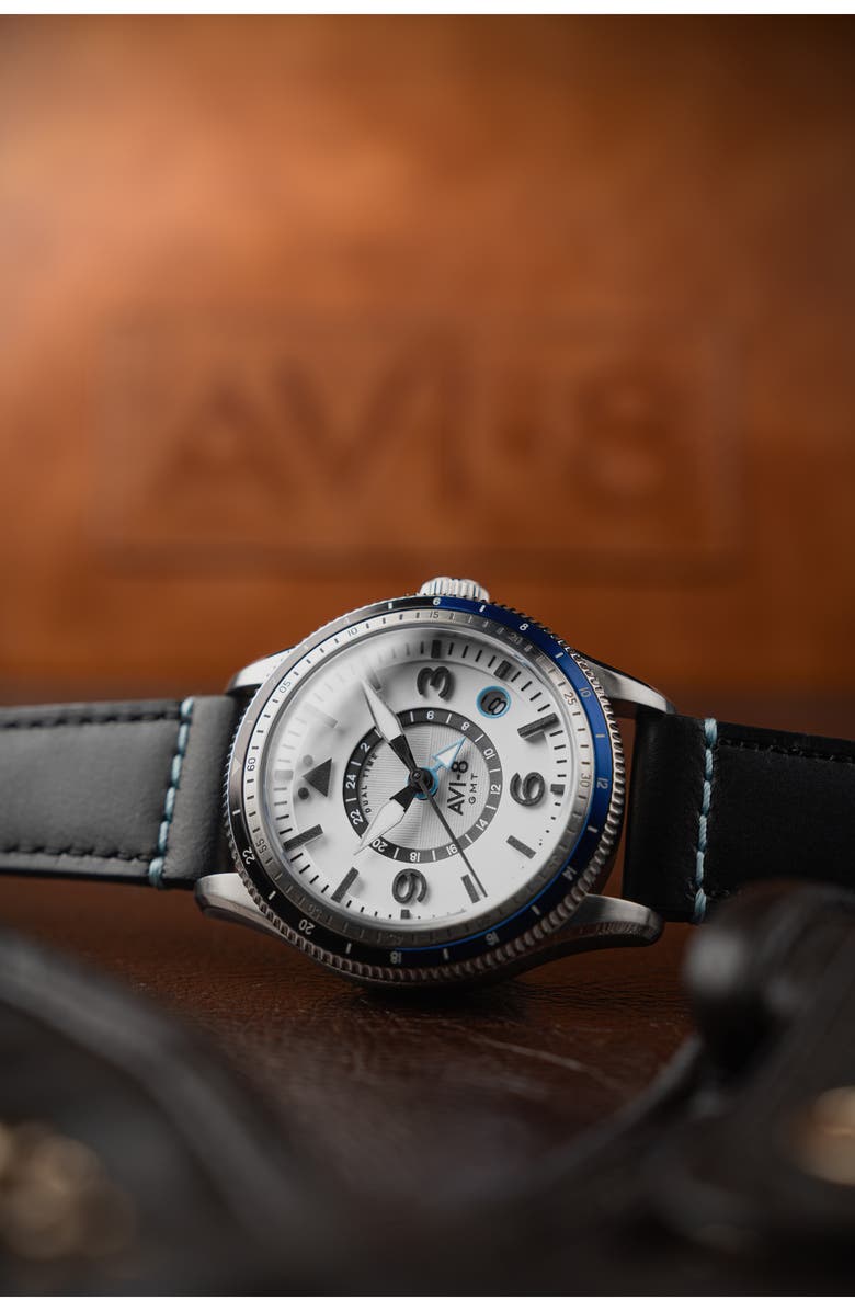 AVI-8 Flyboy Airmaster GMT Leather Strap Watch, 40mm, Alternate, color, White