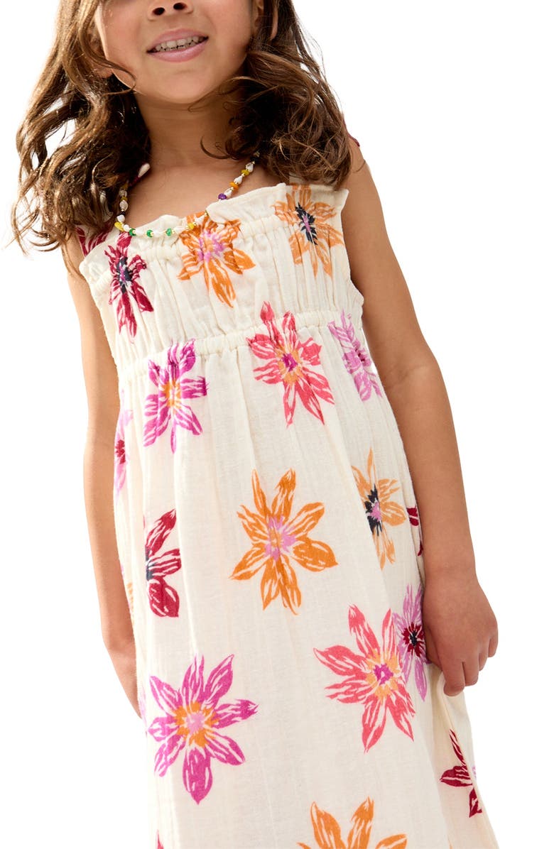 Raffya Kids Flora Gathered Hand Drawn Floral Print Dress, Alternate, color, Ecru