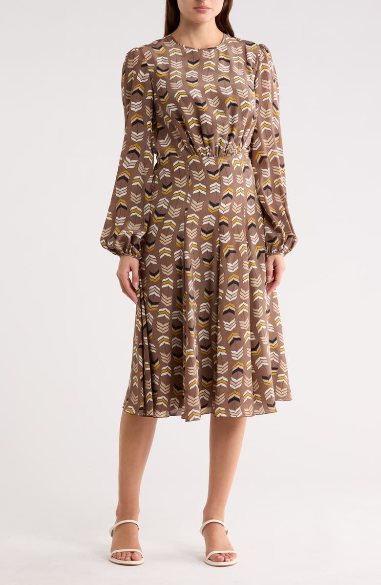 Longchamp Geometric Print Long Sleeve Silk Midi Dress, Main, color, Honey