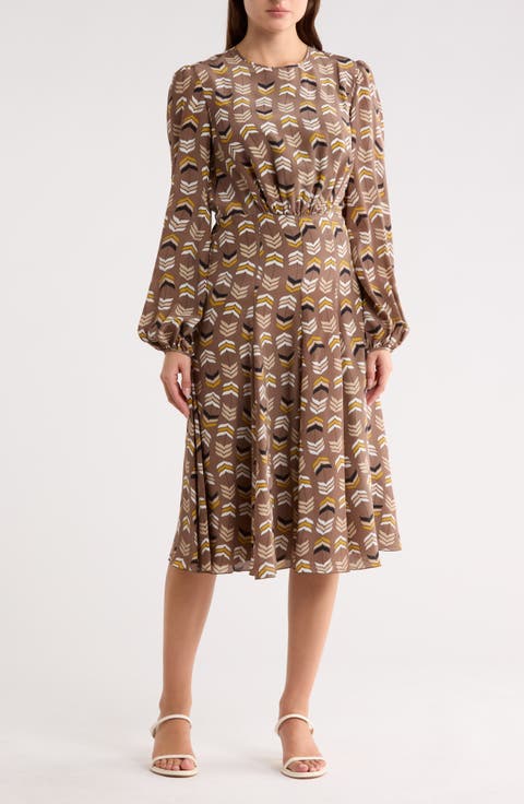 Geometric Print Long Sleeve Silk Midi Dress