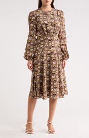 Longchamp Geometric Print Long Sleeve Silk Midi Dress