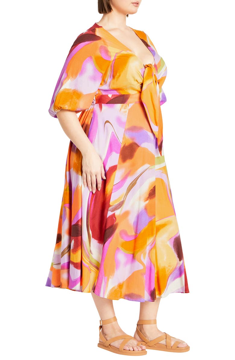 City Chic Swirl Print Tie Front Midi Dress, Alternate, color, Summer Swirl
