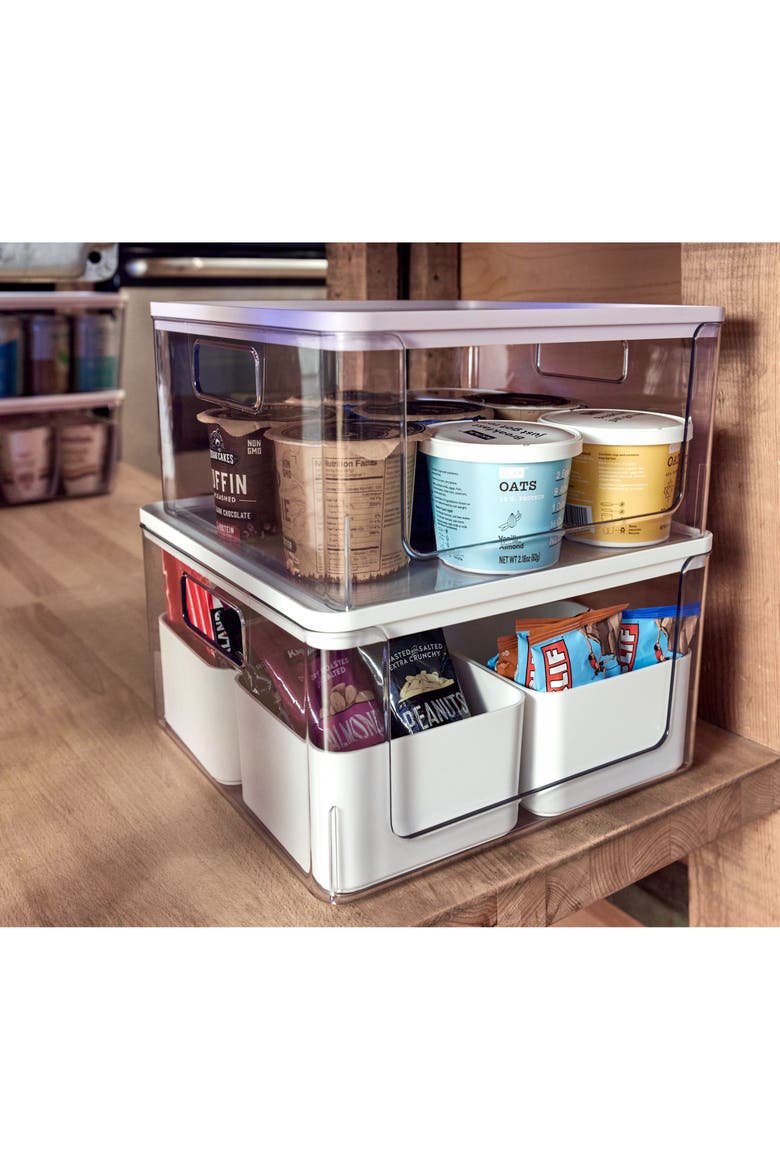 Stackable Open-Front Bins with Lid, Set of 3, Clear/White, Alternate, color, Clear