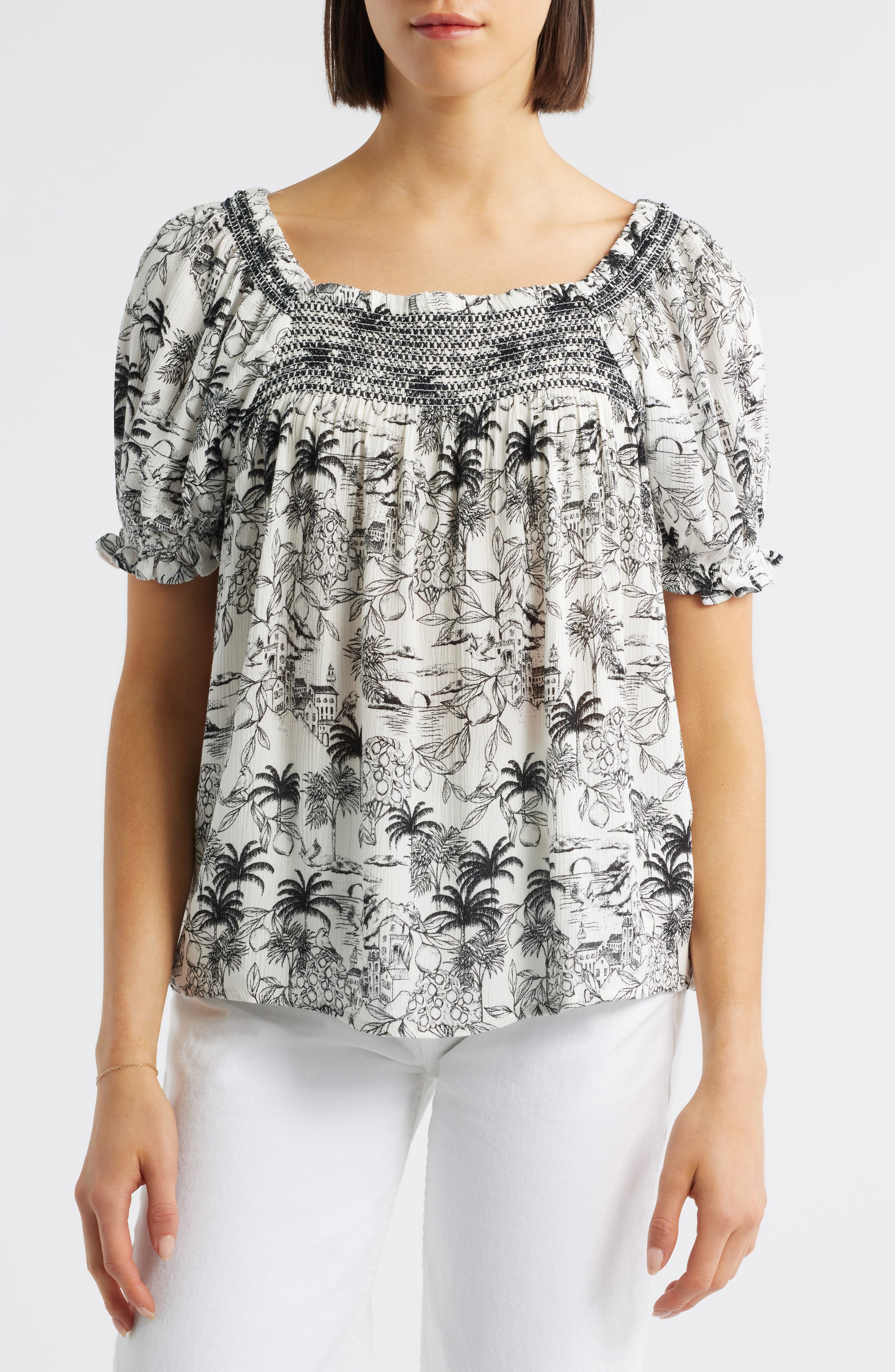 Bobeau Print Peasant Top