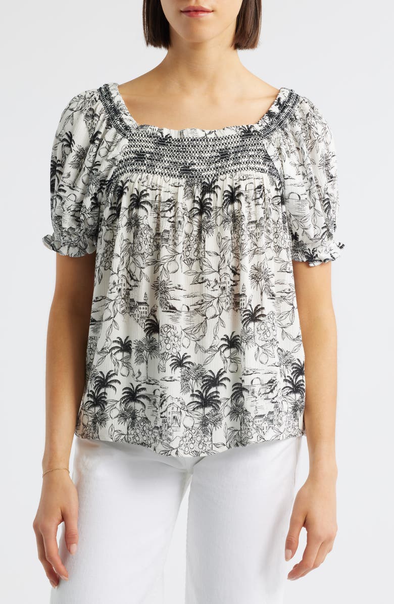 Bobeau Print Peasant Top, Main, color, Grey/ Black Amalfi