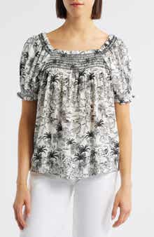 Bobeau Print Peasant Top