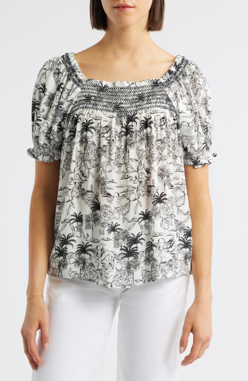 Bobeau Print Peasant Top in Grey/Black Amalfi 