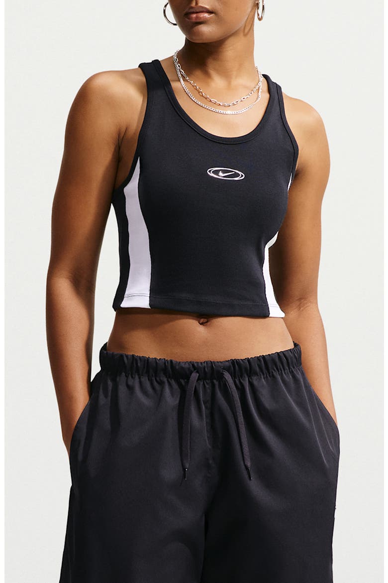 Crop Performance Racerback Tank, Main, color, BLACK/ WHITE/ METALLIC SILVER