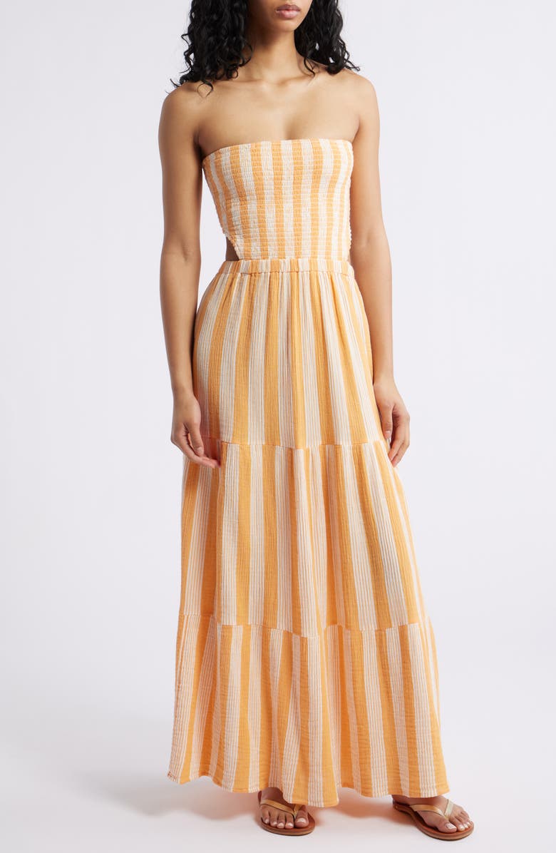 Rip Curl Premium Surf Stripe Strapless Tiered Cotton Maxi Dress, Main, color, 